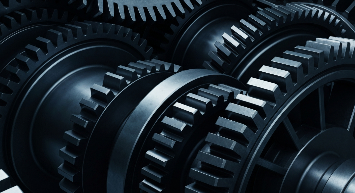 An extreme close-up of intricately machined metal gears and machinery, representing the complex financial infrastructure and institutional power of the energy sector.