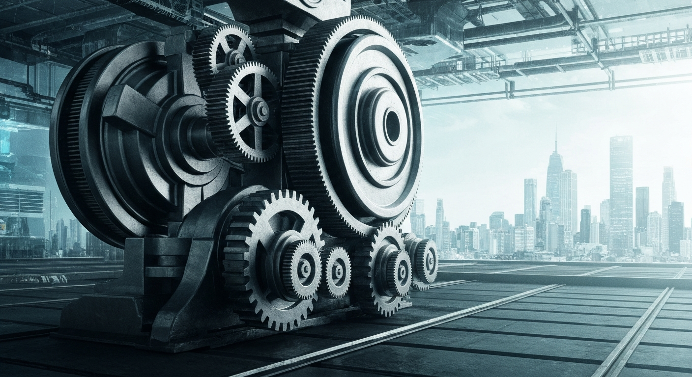 An extreme close-up of intricately connected metal gears and levers, representing the complex financial machinery and institutional investment behind the e-commerce giant Amazon.com.