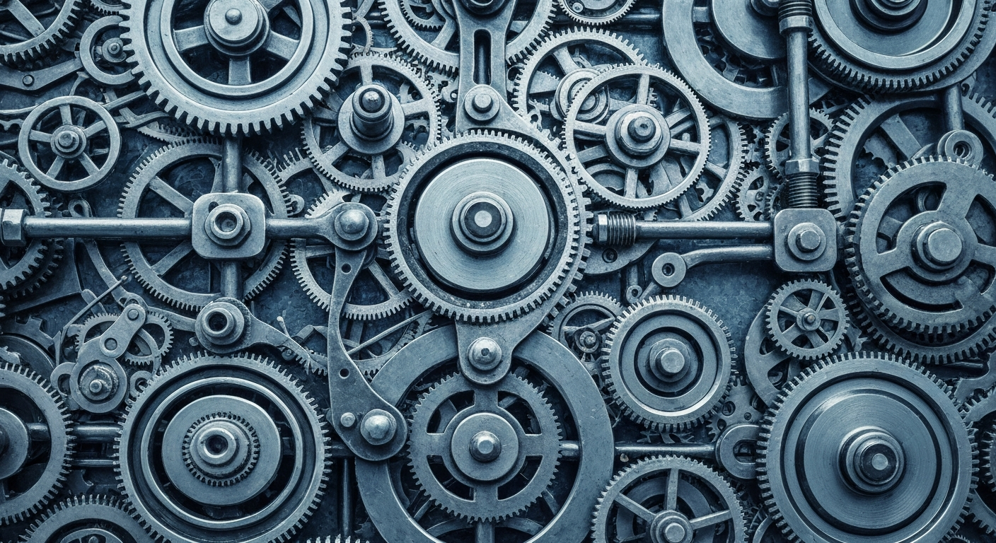 An extreme close-up of heavy, tangible banking and financial machinery in shades of silver, steel, and chrome, conceptually representing the institutional investment and complex infrastructure behind the biotech industry.