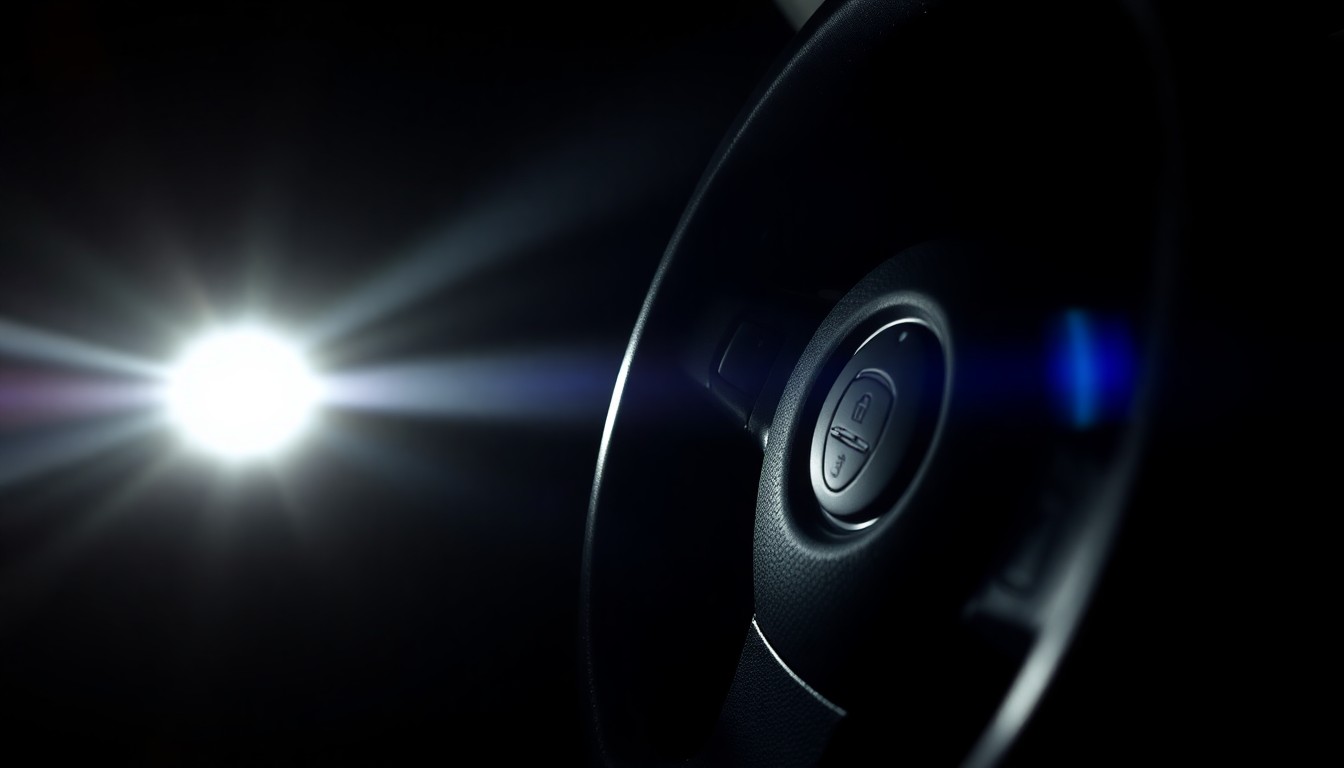 An extreme close-up photograph of a car's ignition key and steering wheel, lit by a harsh, direct camera flash against a pitch-black background, conceptually illustrating the serious consequences of driving under the influence.