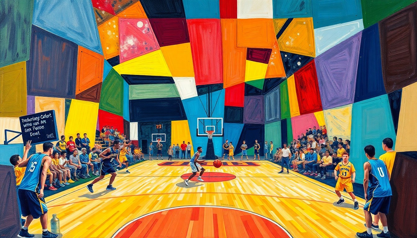 A cubist, geometric painting depicting a high school basketball game, with the players and court broken down into sharp, overlapping planes of color representing the competing teams.