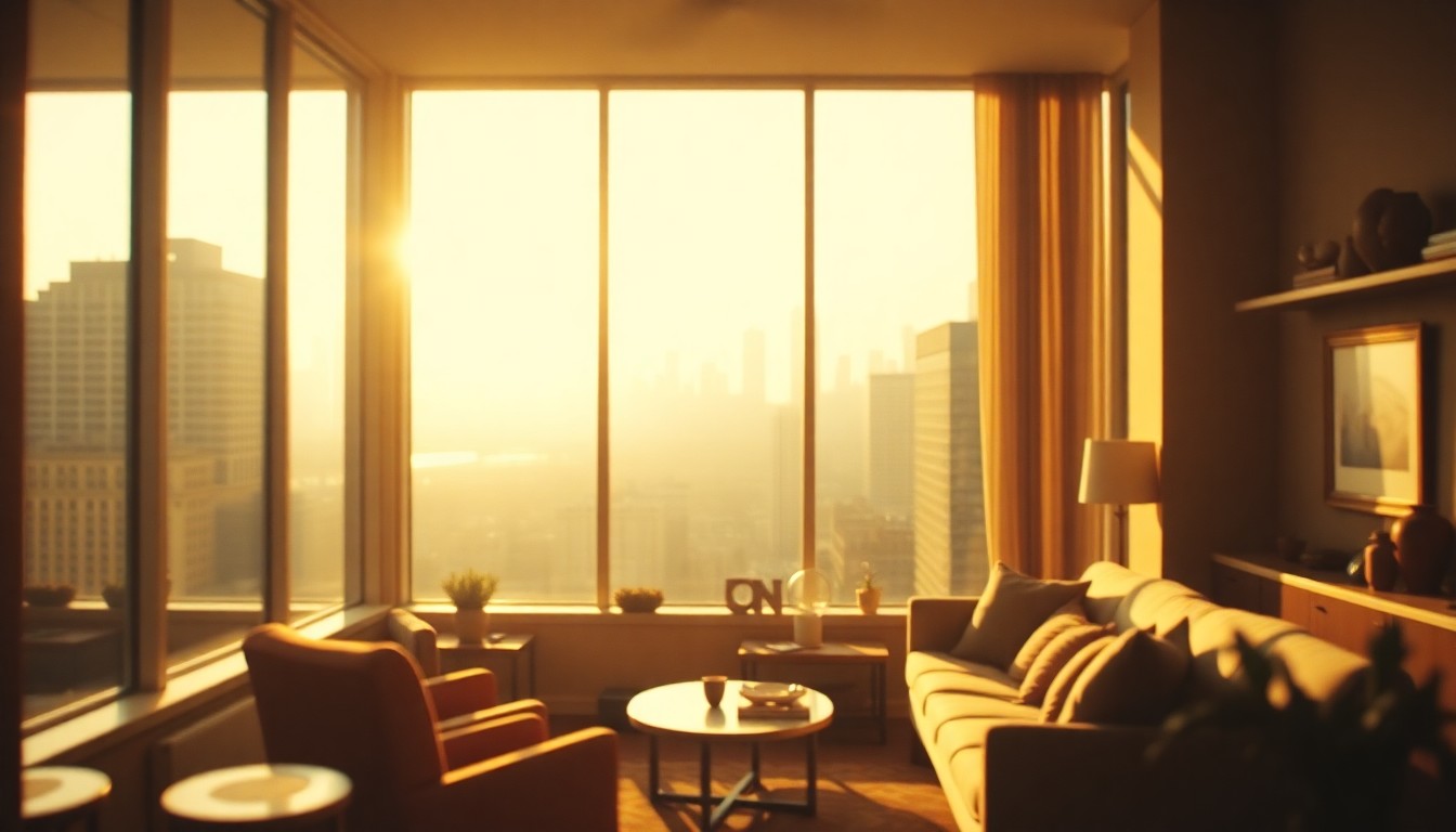 An extremely abstracted, out-of-focus photograph shot through condensation or rain-streaked glass, composed of a cozy living room scene with large windows overlooking the Chicago skyline in soft pools of warm color and light.