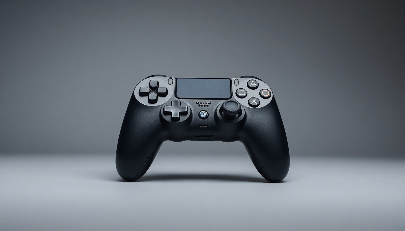 A high-end, photorealistic studio still-life photograph featuring a sleek, modern game controller made of polished metal and matte black plastic, resting on a clean, monochromatic seamless background with dramatic studio lighting and deep shadows, conceptually representing the strategic positioning and financial strength of the video game industry.