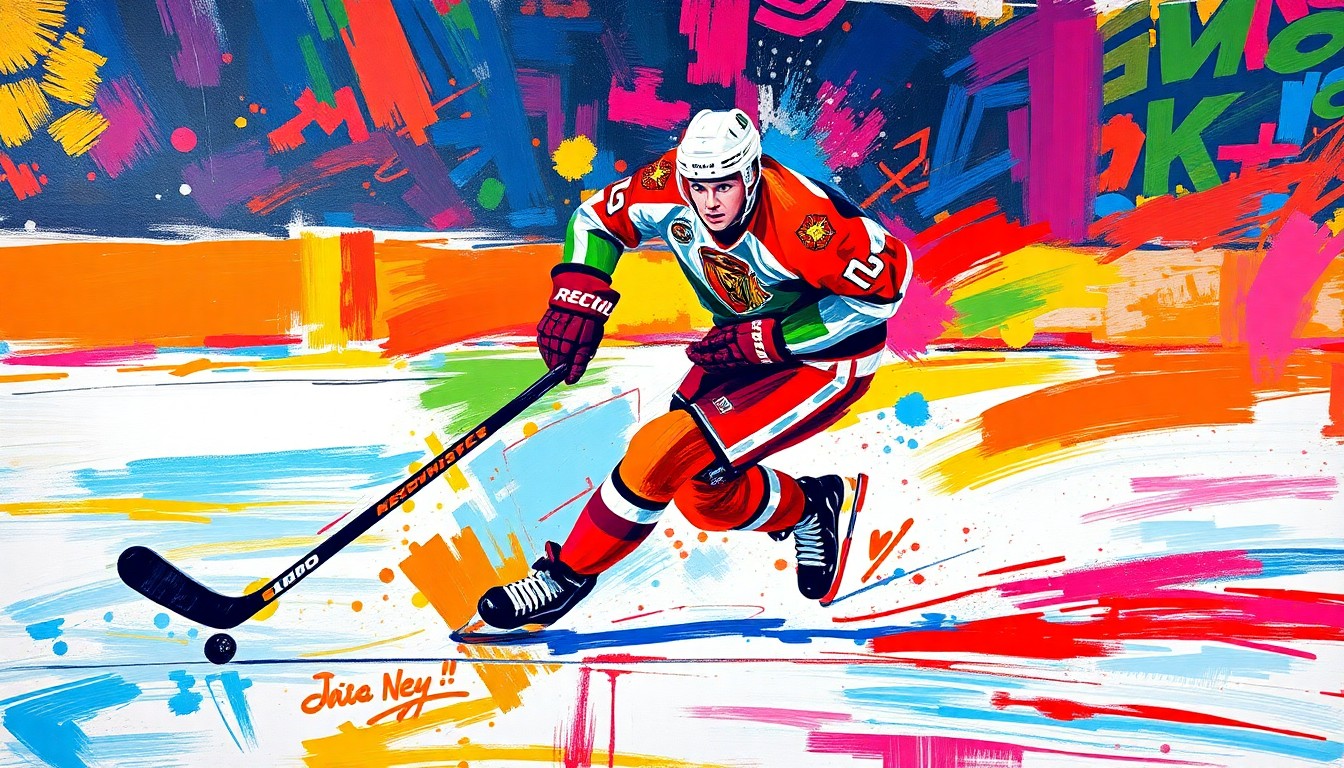 An abstract, expressionist painting in vibrant neon colors depicting the dynamic motion of a hockey player rushing down the ice, their form dissolving into bold, energetic brushstrokes.