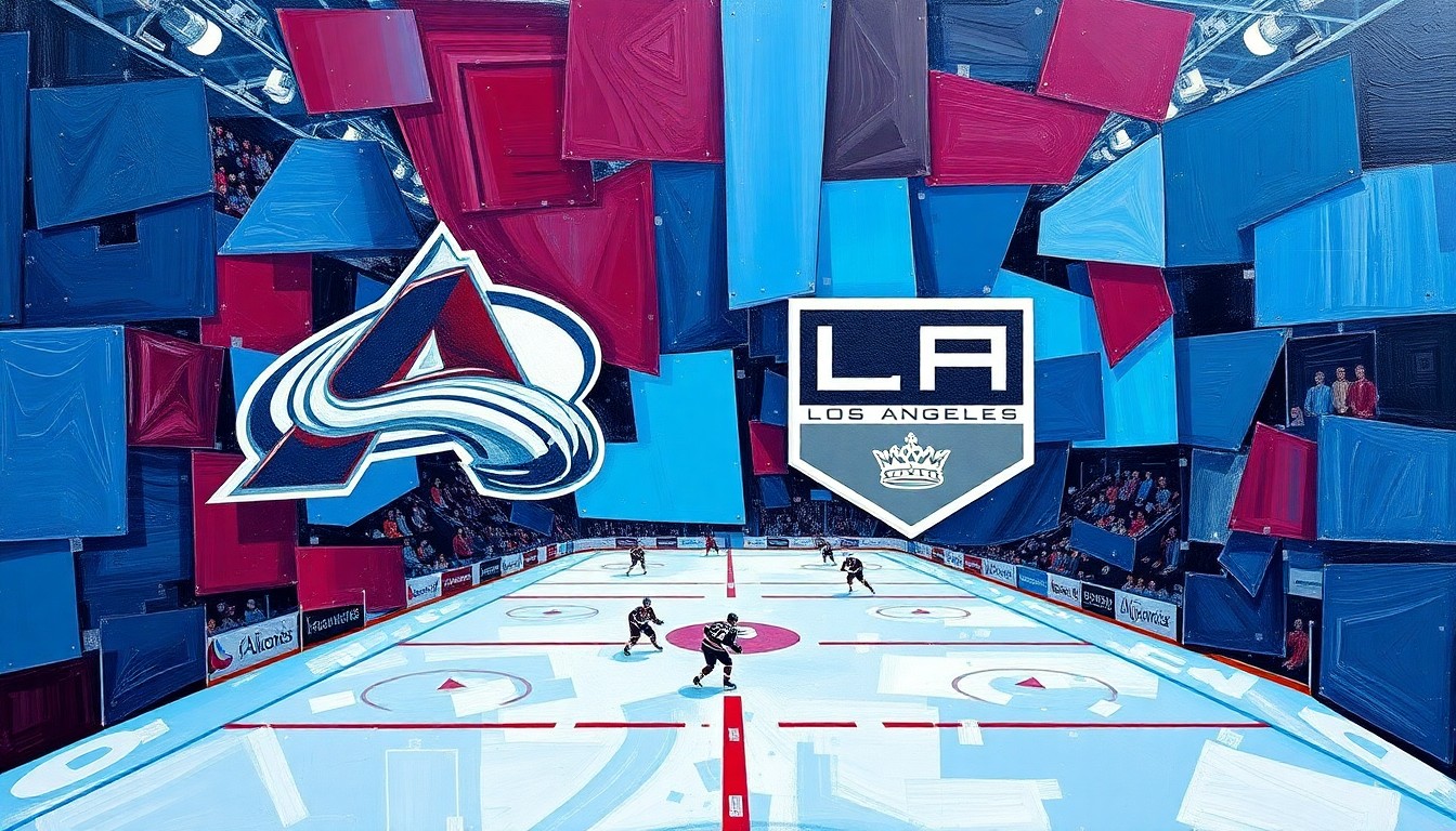 A fractured, cubist-style painting depicting a hockey game between the Colorado Avalanche and Los Angeles Kings, with the players and action broken down into sharp, overlapping geometric shapes in a vibrant blue, burgundy, and silver color palette.
