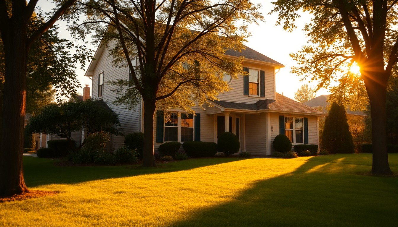 A blurred, impressionistic photograph of a two-story suburban home with a lush green lawn and trees in the foreground, captured in a warm, golden light, conveying a sense of domestic tranquility and comfortable living.