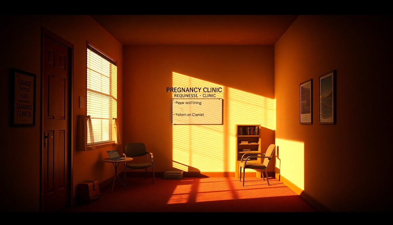 A dimly lit, cinematic painting of an empty pregnancy clinic or counseling room, with warm light streaming through the windows and deep shadows casting an air of contemplation and uncertainty.