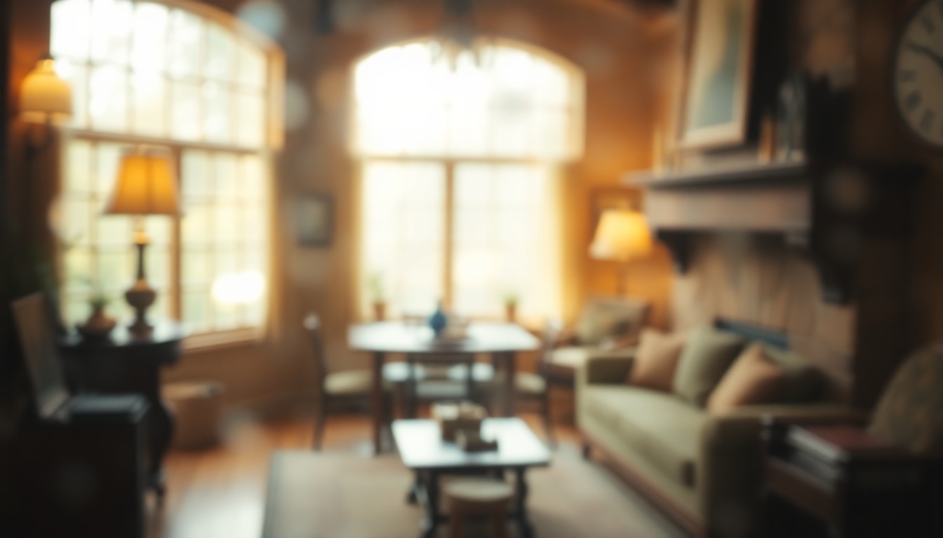 An extremely abstracted, out-of-focus photograph in warm, earthy tones, capturing the inviting atmosphere of a cozy Arts and Crafts-style home interior with soft pools of light and color.
