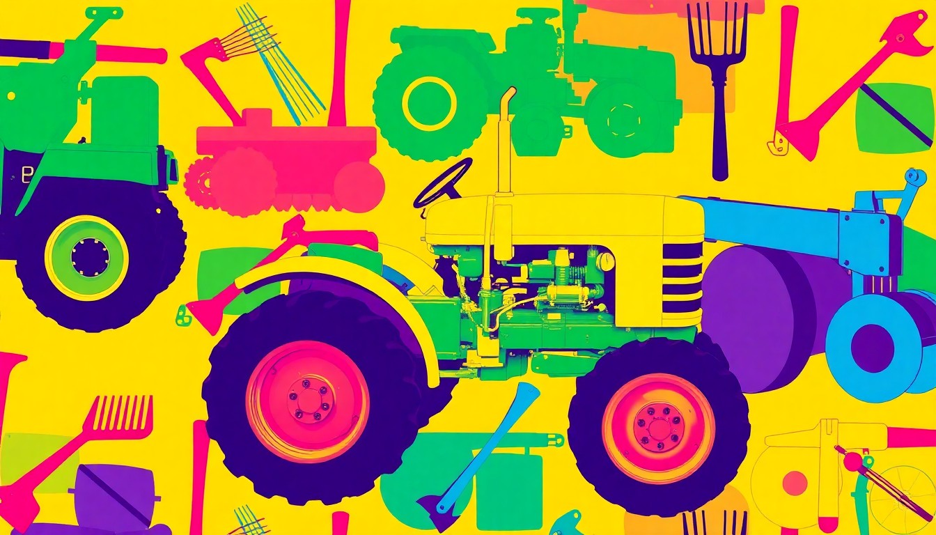 A grid of brightly colored, high-contrast silkscreen images of farming tools like a tractor, pitchfork, and shovel, rendered in a bold, abstract pop art style without any text or labels.