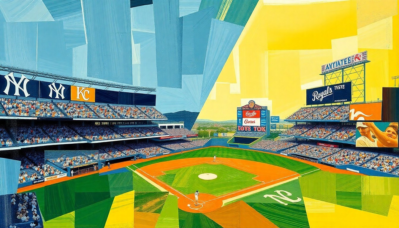 A fragmented, geometric painting depicting a baseball game between the New York Yankees and Kansas City Royals, with sharp, overlapping shapes and planes representing the dynamic action on the field.
