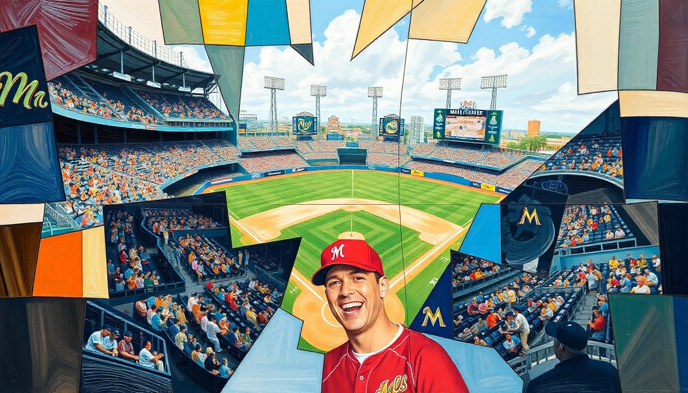 A fragmented, geometric painting depicting a baseball game or match between the Milwaukee Brewers and Miami Marlins, with sharp, overlapping planes of color and form capturing the dynamic action on the field.
