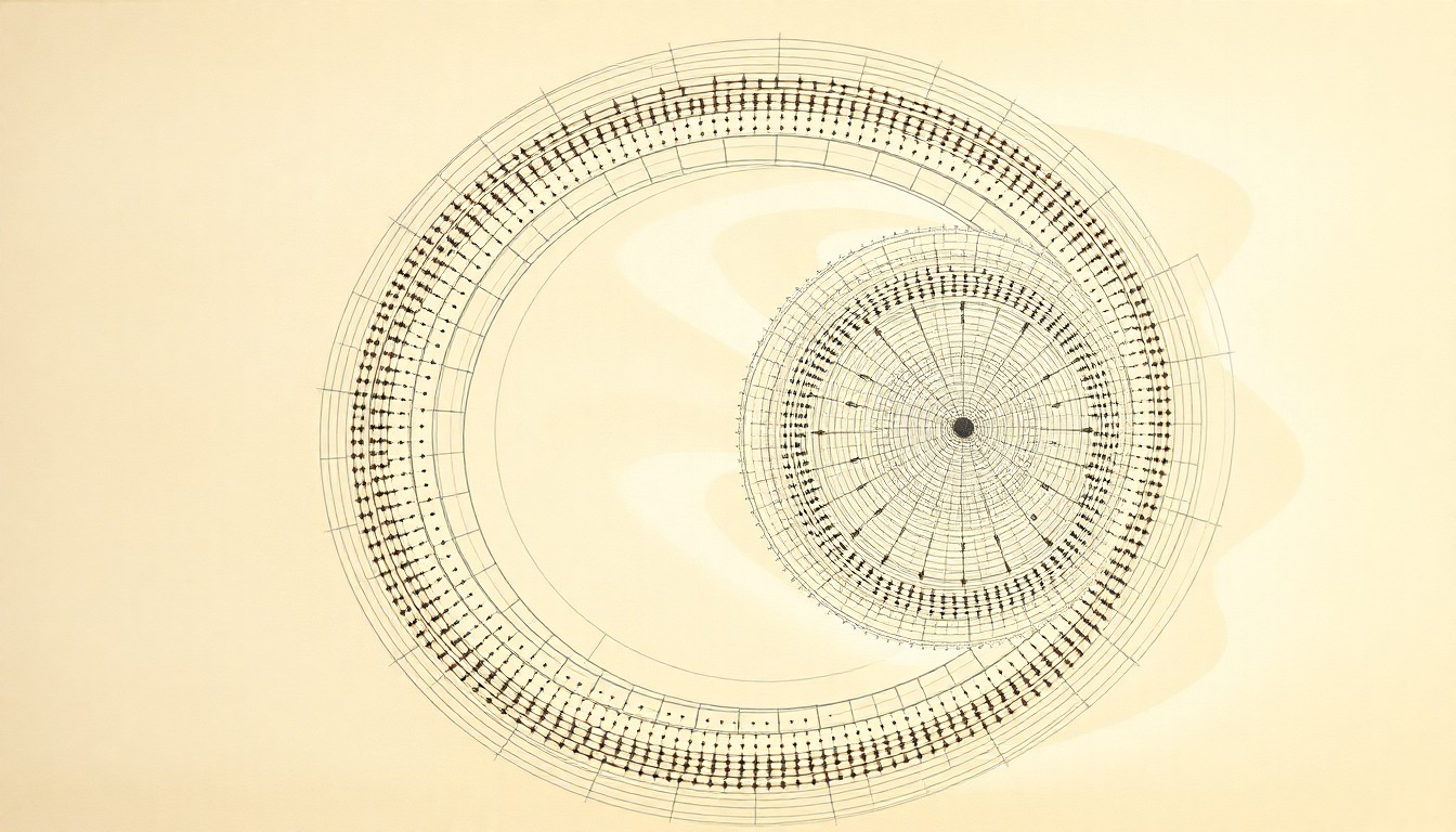 A highly textured, abstract painting in earthy tones featuring sweeping geometric arcs, concentric circles, and precise botanical spirals, conceptually representing the dynamic control of ion populations in a soft, flexible material through the application of light.