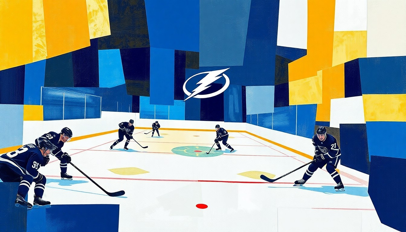 A fractured, multi-perspective painting using sharp, overlapping geometric planes in the team colors of the Tampa Bay Lightning and their playoff opponent, conceptually representing the intensity and strategic complexity of a high-stakes NHL playoff series.
