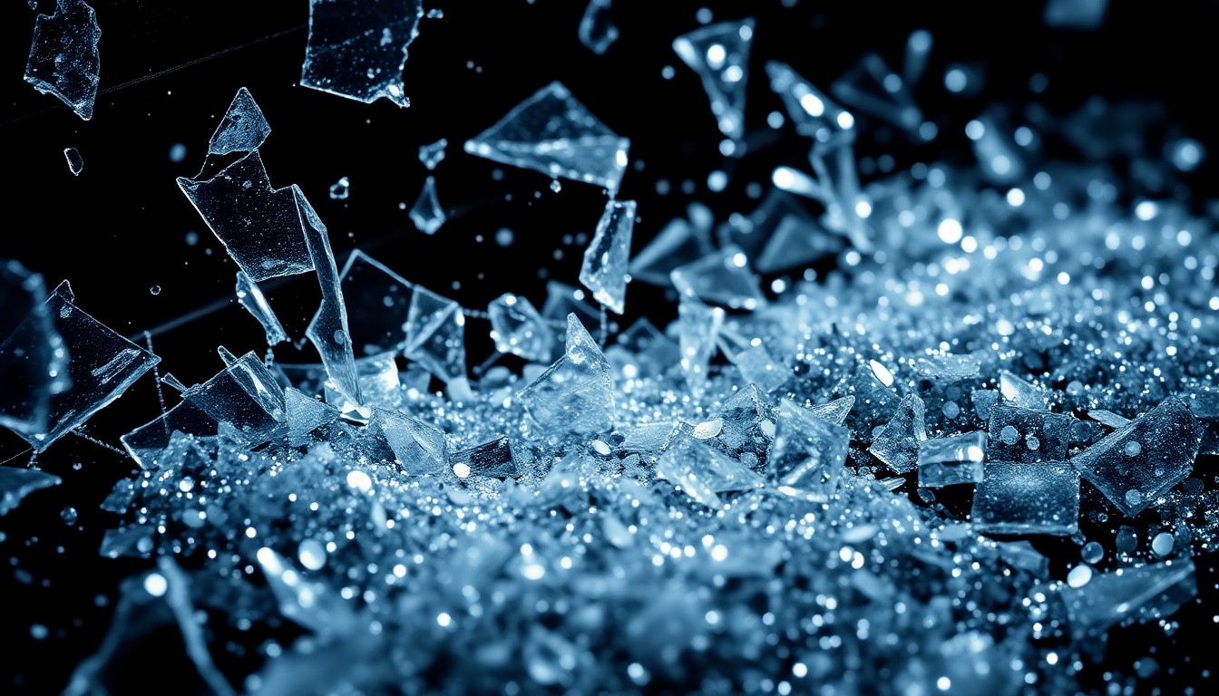 An extreme close-up photograph of shattered glass and glittering sequins, capturing the glamour and drama of the entertainment world in a high-contrast, abstract composition.