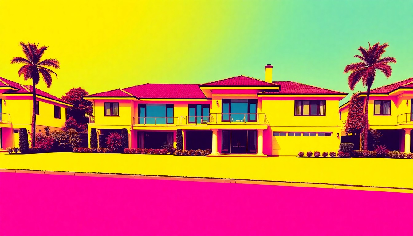 A highly stylized, silkscreen-inspired illustration featuring a repeated image of a large, modern house with a manicured lawn, rendered in a bold, neon color palette with heavy black outlines, conceptually representing the luxury real estate market in Greenville, South Carolina.