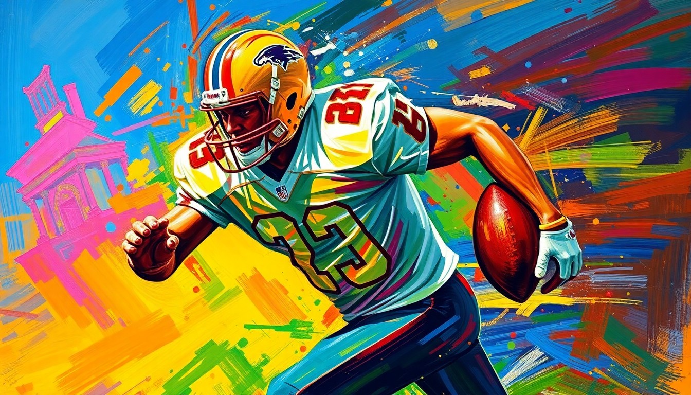 An abstract, energetic painting in vibrant neon colors, capturing the raw power and motion of an American football player in mid-stride, their face and uniform details dissolving into an expressionistic blur.