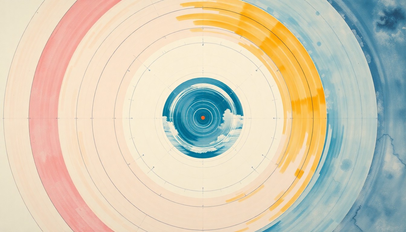 A bold, abstract painting in soft blues, greens, and grays featuring sweeping geometric arcs, concentric circles, and precise botanical spirals, conceptually representing the complex systems and forces involved in ensuring consistent documentation and traceability for laboratory research materials.