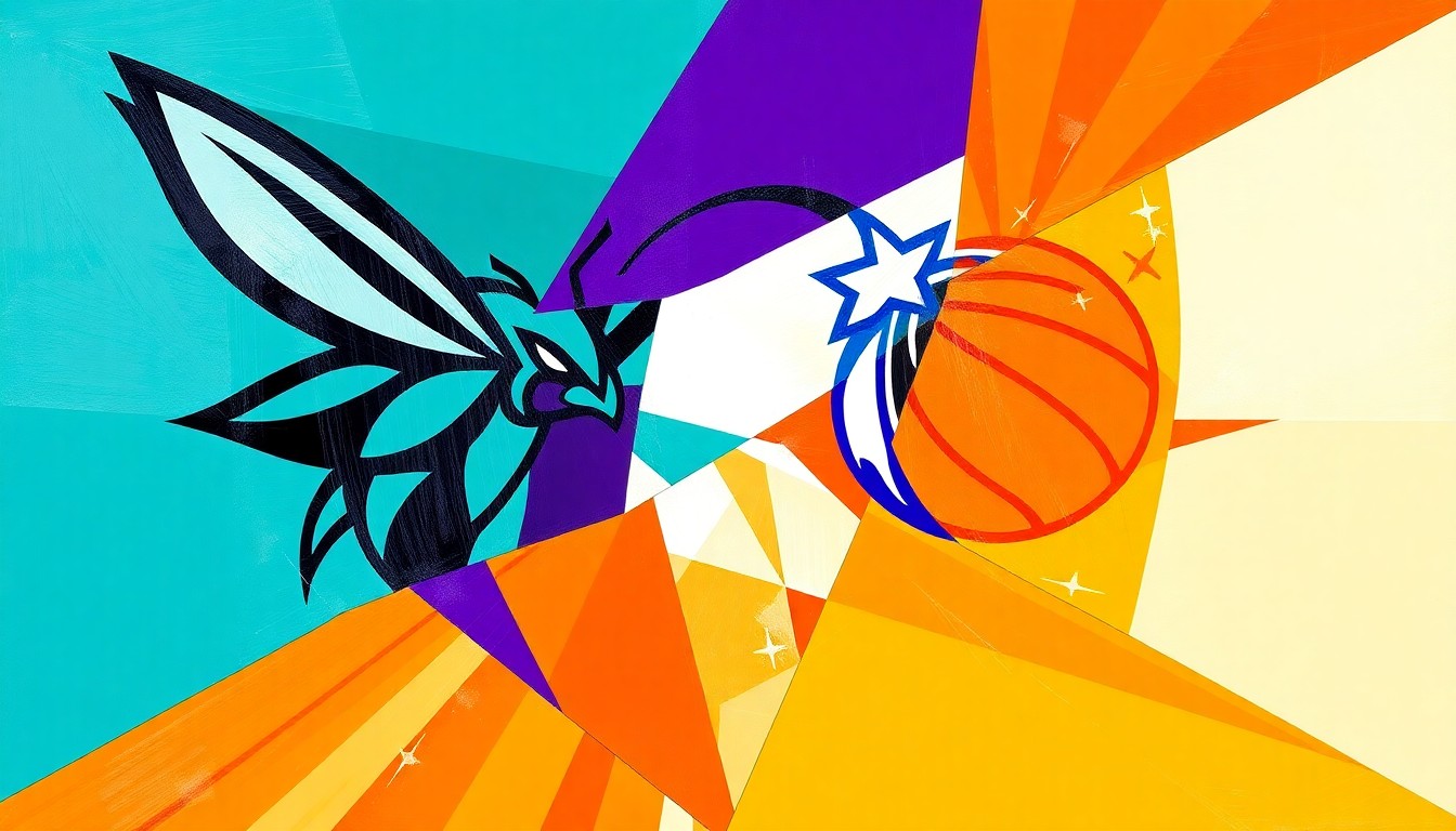A cubist, geometric painting depicting a basketball game in progress, with sharp, overlapping planes of teal, purple, and orange representing the opposing teams.
