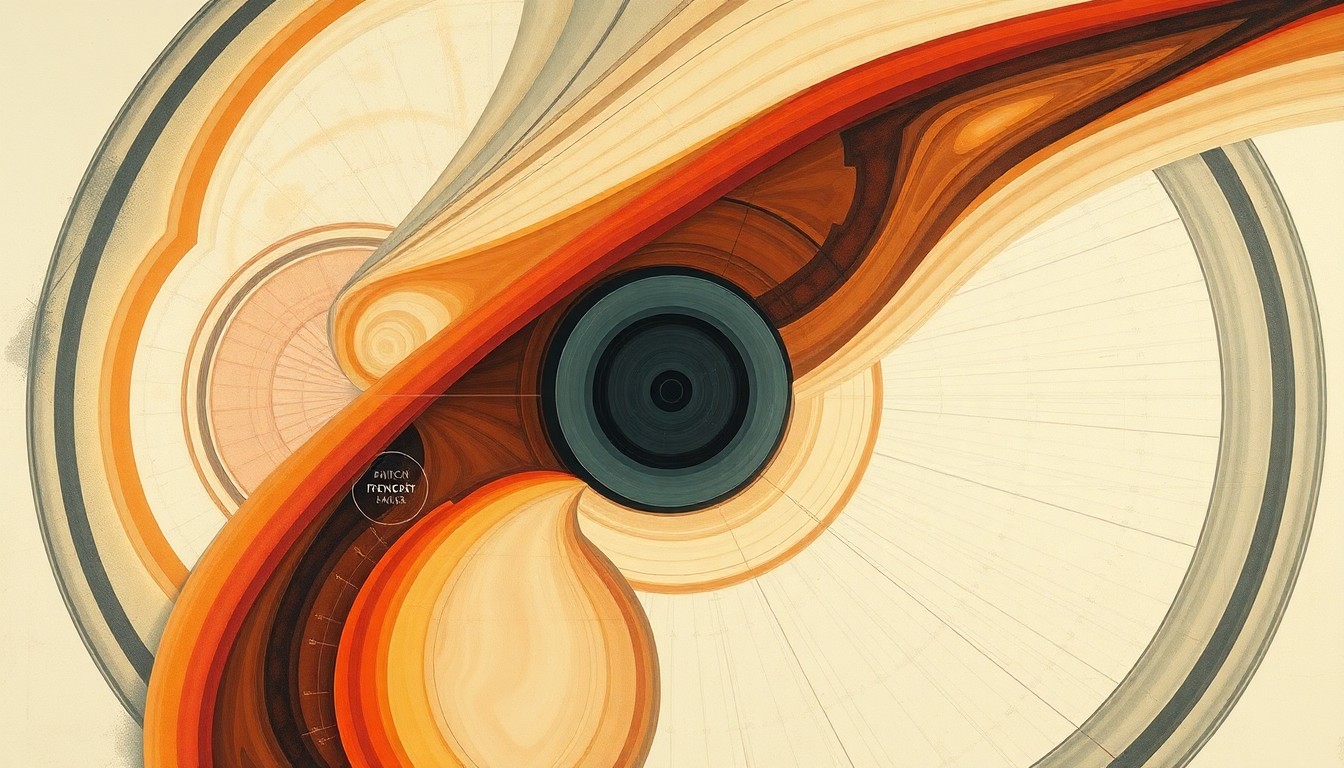 A bold, abstract painting in muted earth tones depicting sweeping geometric shapes, concentric circles, and intersecting waveforms, conceptually representing the complex aerodynamic forces and engine performance characteristics of a blended wing body aircraft design.