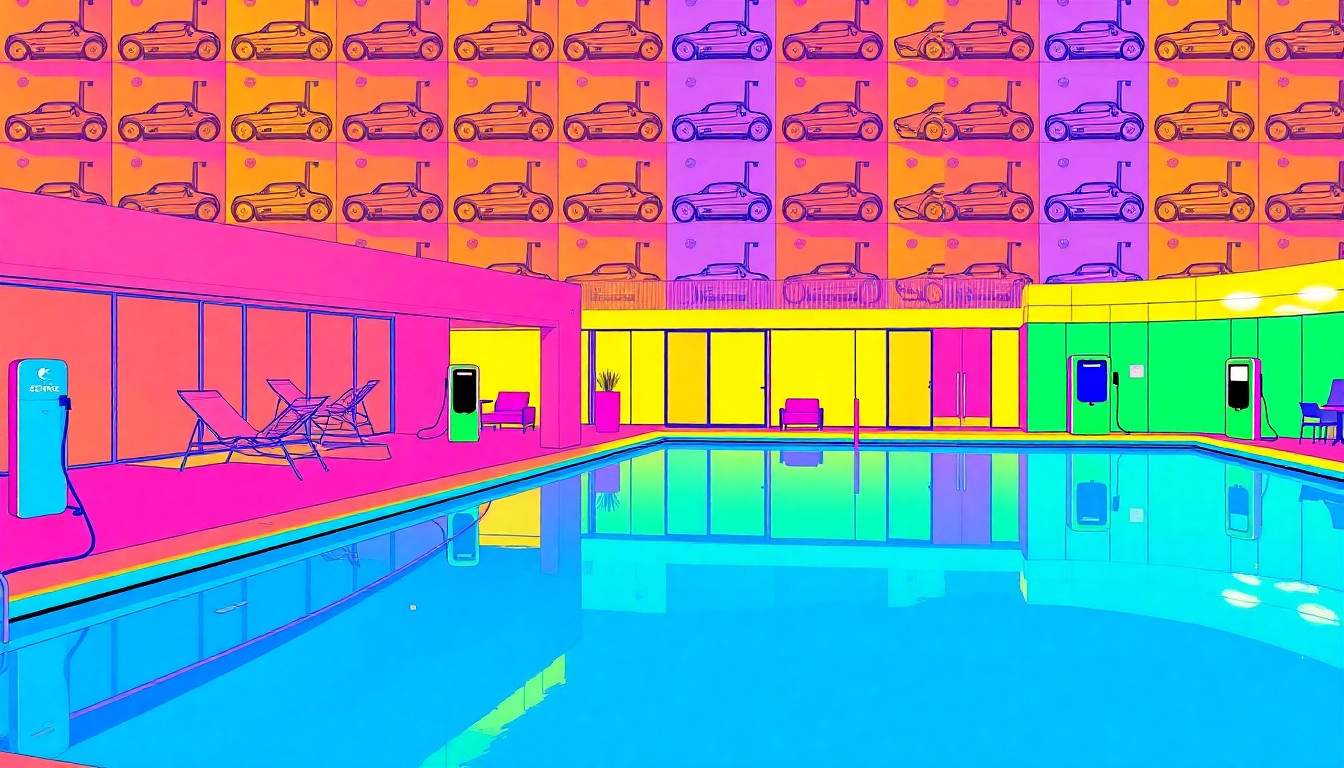A brightly colored, high-contrast silkscreen-style illustration featuring a repeating grid of a swimming pool and electric vehicle charging station, rendered in a bold, neon color palette with heavy black outlines, conceptually representing the luxury features of a South Florida home.