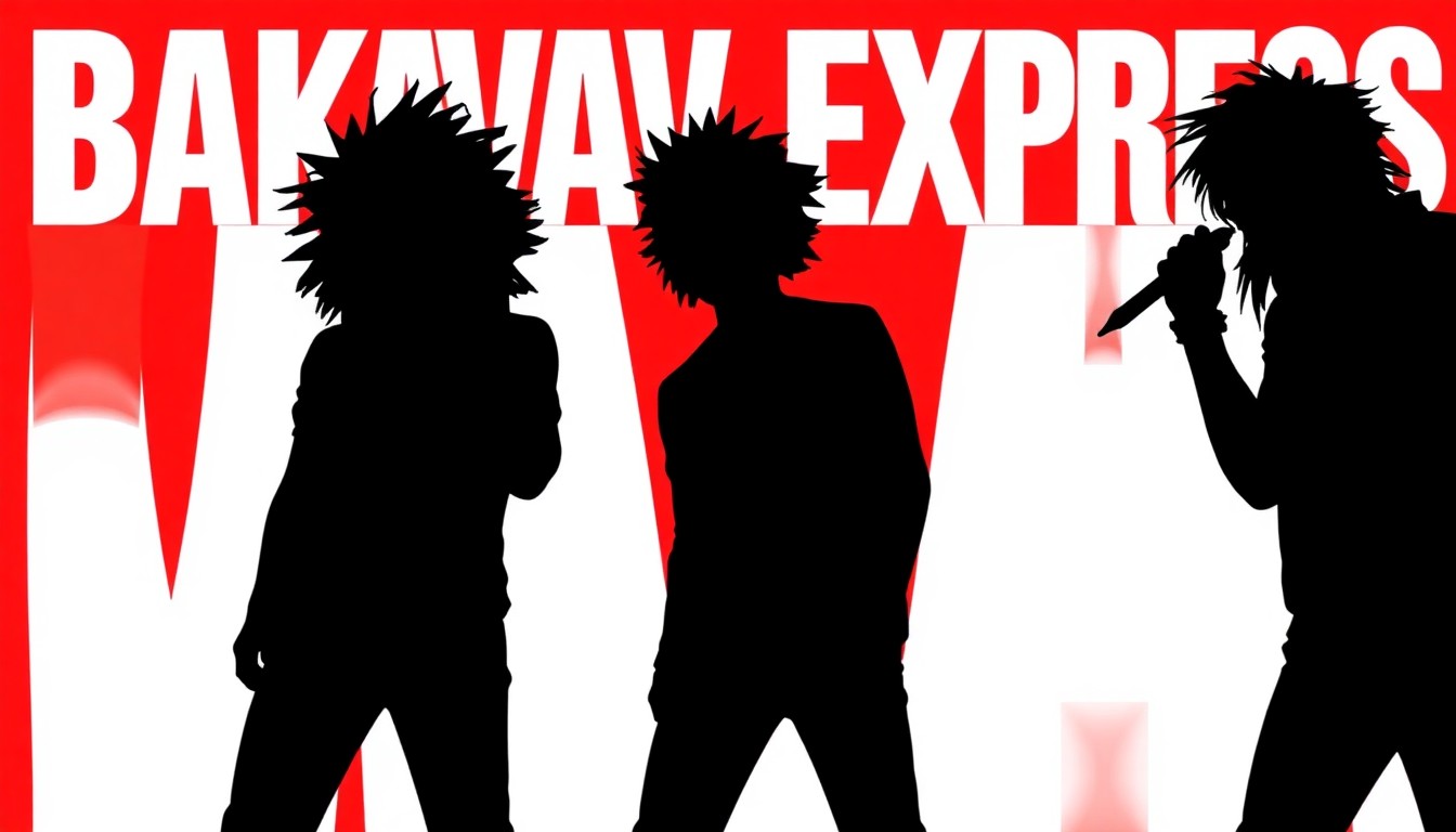 An abstract illustration featuring bold, geometric black silhouettes representing the members of the indie band Baklava Express, set against a high-contrast background of solid red and white colors, conceptually capturing the energy and creativity of the group's new music.
