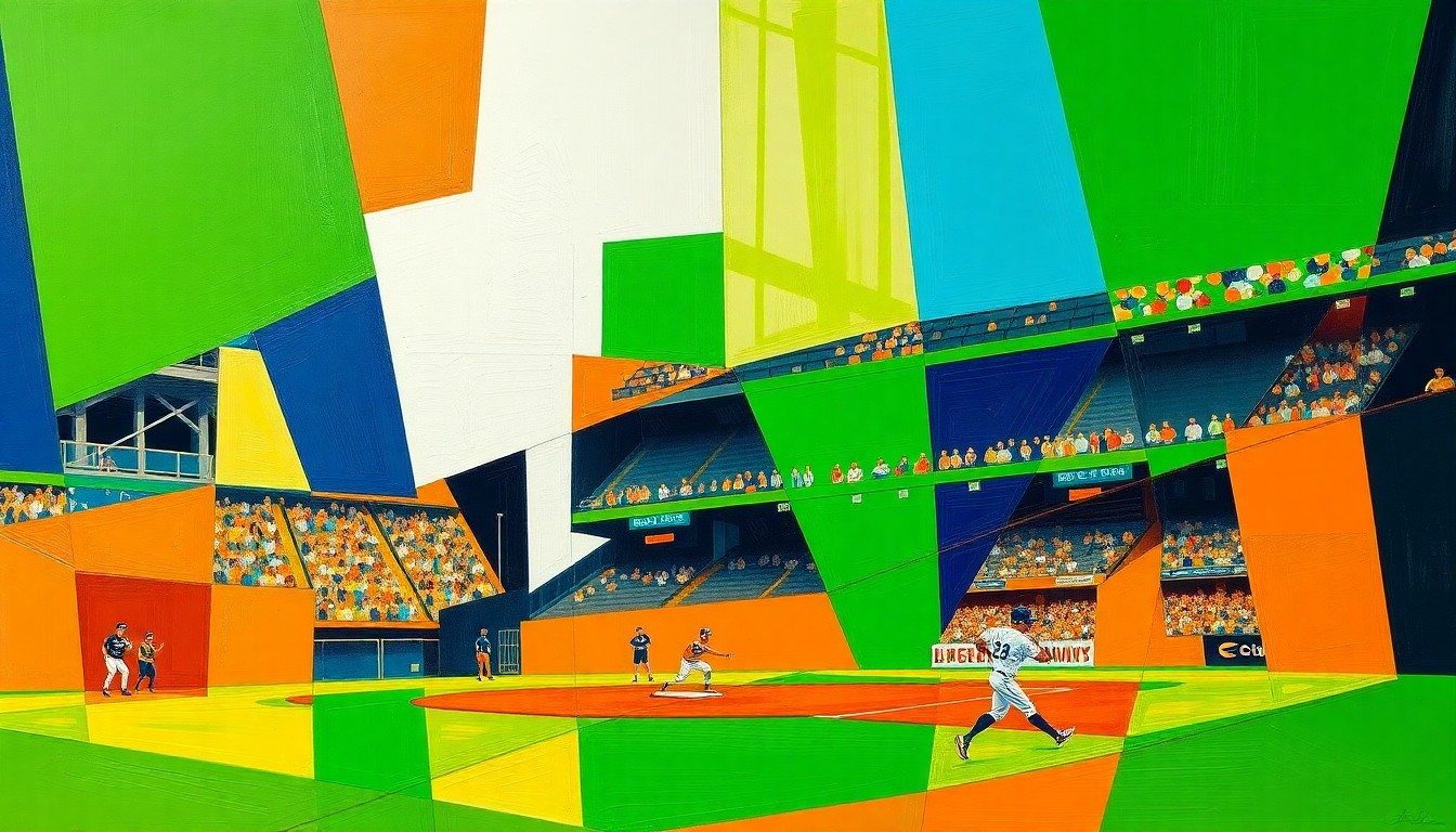 A cubist-style painting featuring fragmented, overlapping geometric shapes in shades of green, blue, and orange, conceptually representing the dramatic final moments of a high school baseball game.