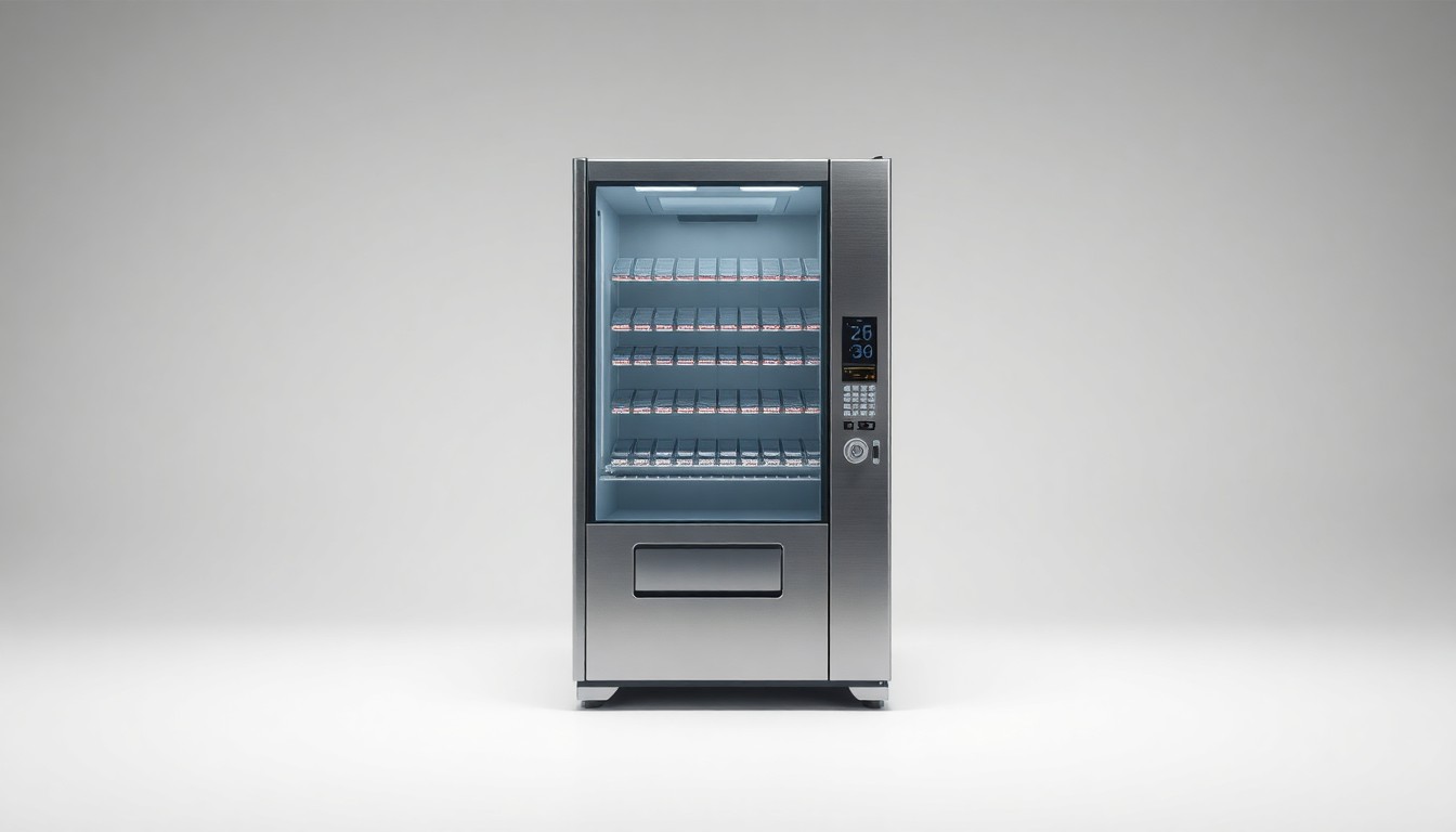 A photorealistic studio still-life photograph of a sleek, modern vending machine made of brushed metal and tempered glass, floating on a clean, white background and illuminated by dramatic studio lighting.