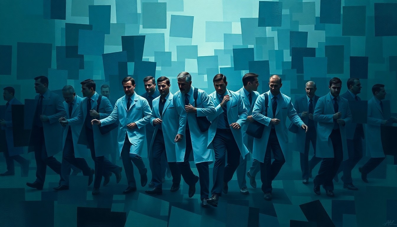 A fractured, abstract painting depicting a group of faceless figures in motion, repeated in overlapping geometric shapes and waves of dark, muted colors, conveying a sense of unease and uncertainty around the disappearance of these scientists.