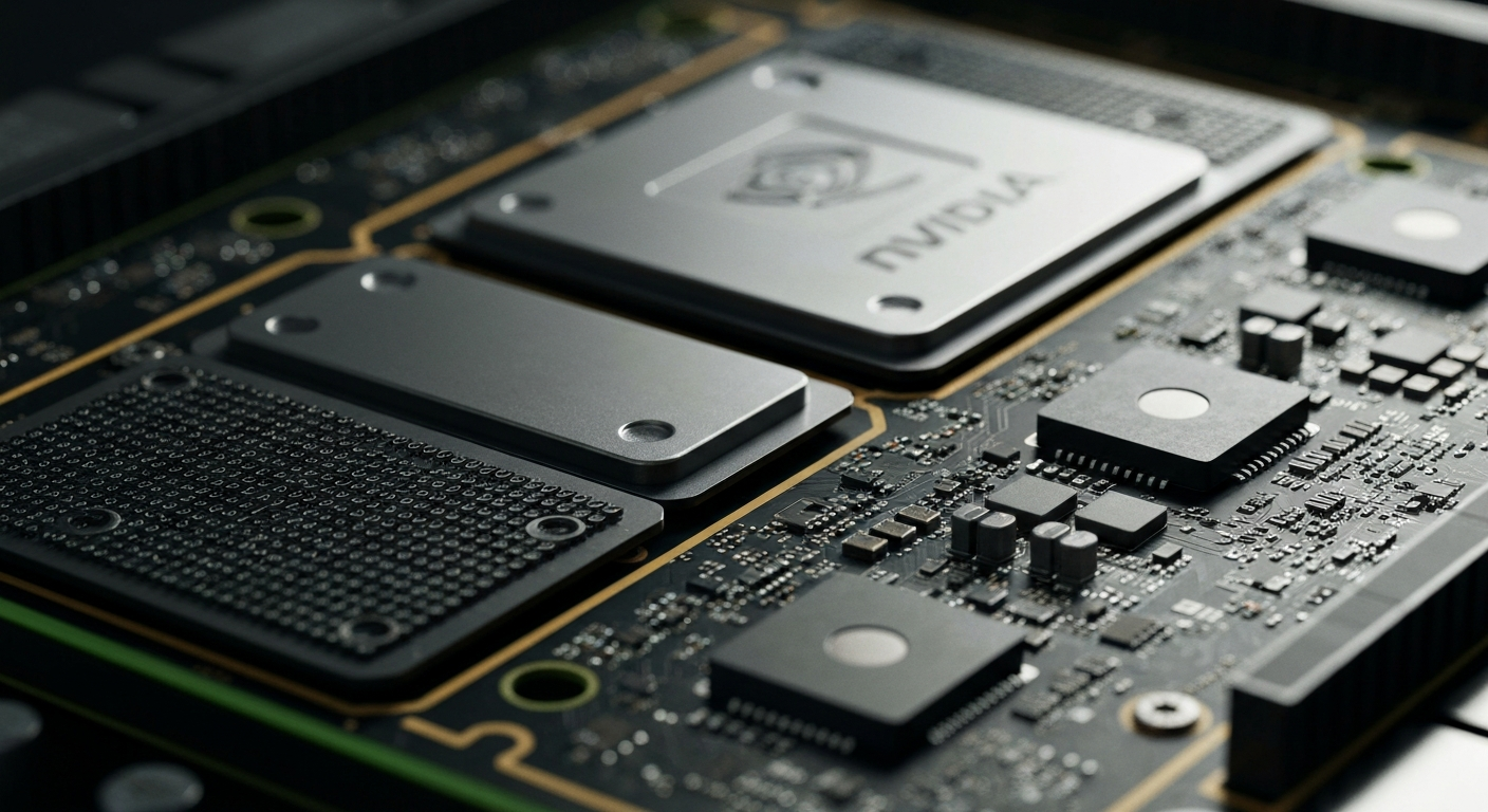 A close-up view of the intricate inner workings of a high-performance graphics processing unit, rendered in a gritty, industrial style with a focus on the complex mechanical and electronic components that power NVIDIA's cutting-edge semiconductor technology.