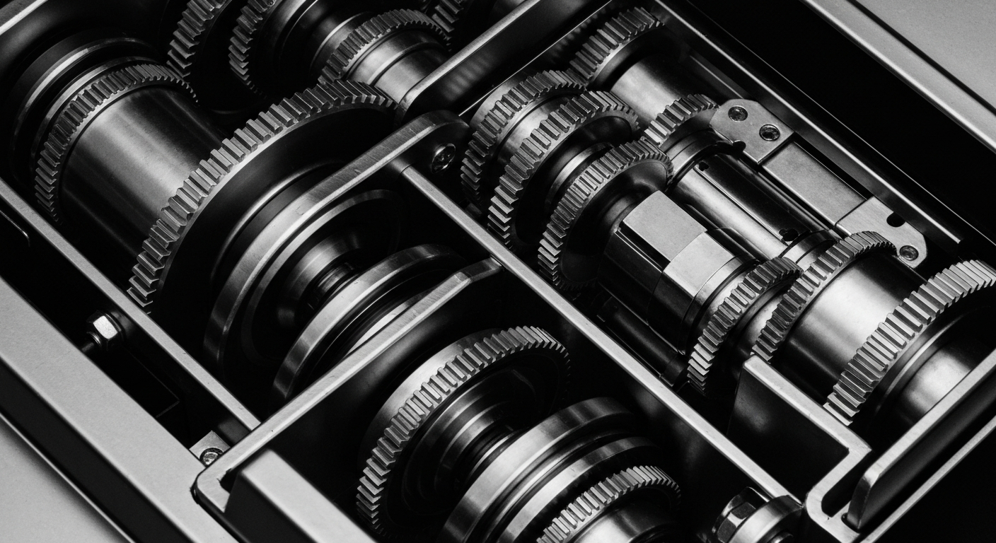 A high-contrast black and white close-up of the intricate gears, circuits, and mechanical components that make up the internal workings of a banking transaction processing machine, conveying a sense of the secure and powerful infrastructure behind modern finance.