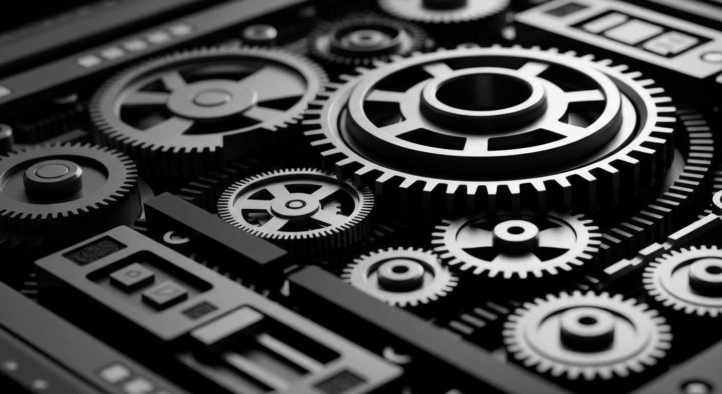 A high-contrast, close-up image of the internal components and machinery of a financial software program, conveying the complex, interconnected nature of Intuit's technology without using any text or identifiable branding.