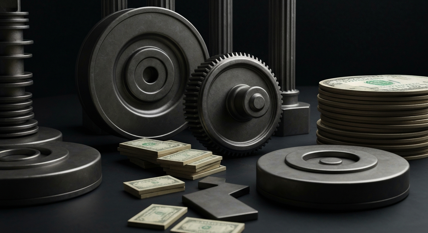 An extreme close-up of complex financial machinery and equipment, conveying the tangible, industrial nature of banking and investment without depicting any specific branding or identifiable elements.