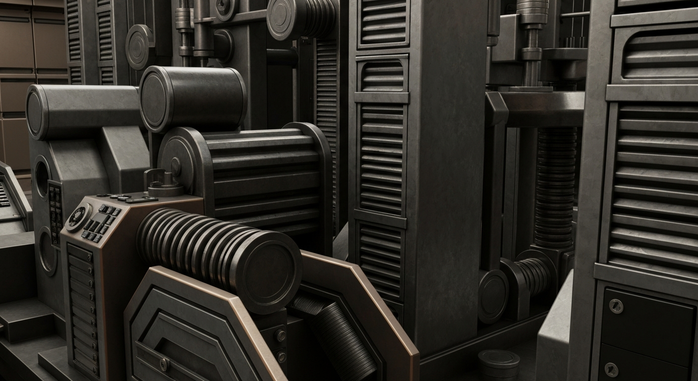 An extreme close-up of intricate, industrial banking equipment and machinery in shades of steel grey, bronze, and black, conveying the complex financial infrastructure behind major retail investments.