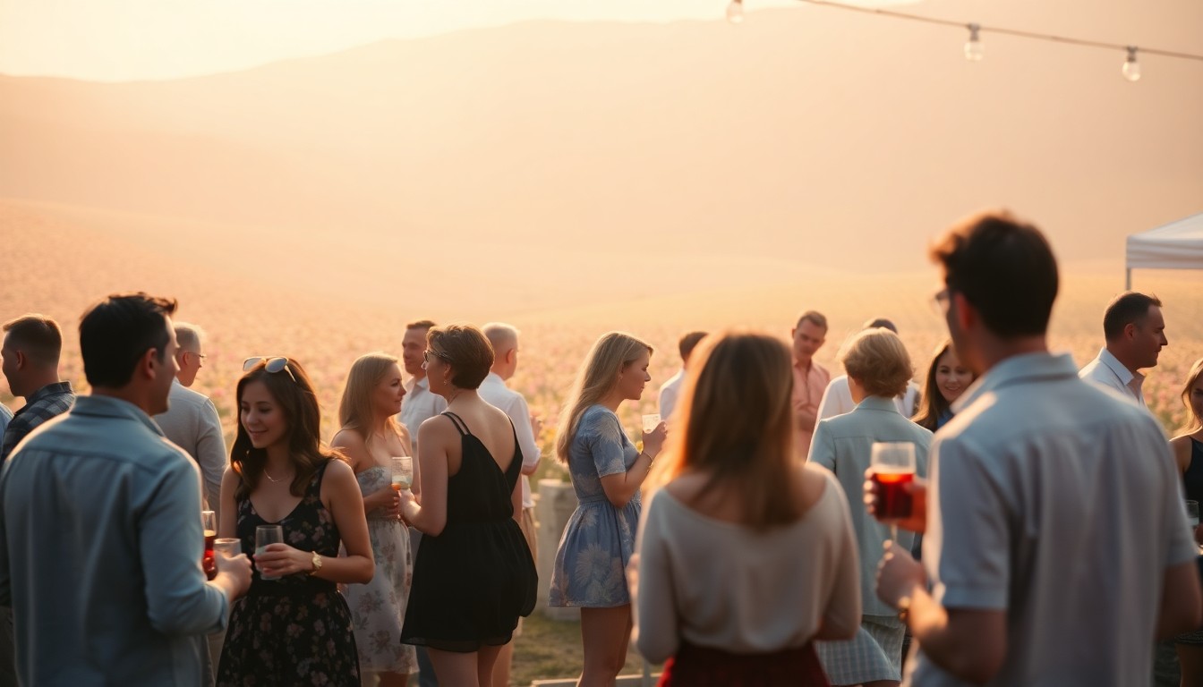 An abstract, out-of-focus photograph depicting people enjoying food and drinks at an outdoor event, with the vibrant Flower Fields in the background, creating a warm, dreamlike atmosphere.