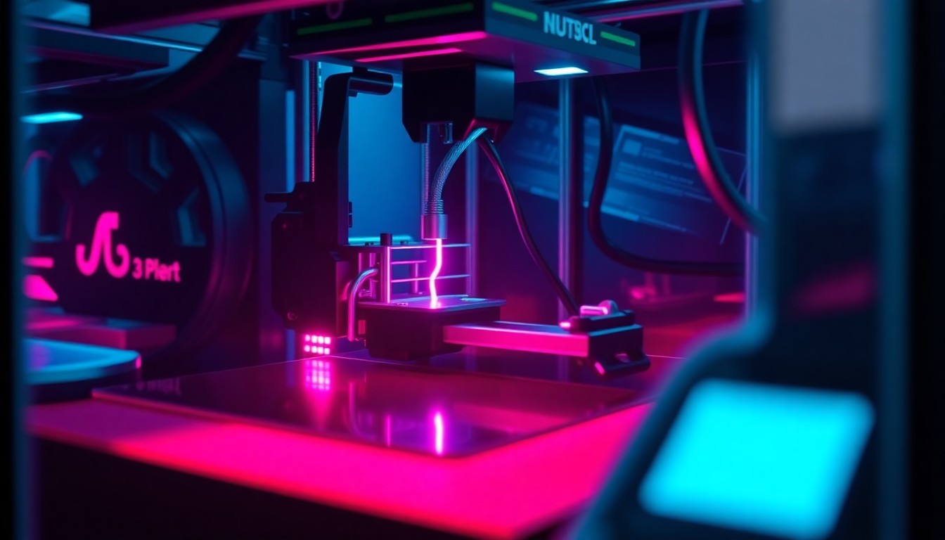 A highly detailed, glowing 3D macro illustration of the internal mechanical components of a 3D printer, with neon cyan and magenta lights illuminating the complex machinery, conceptually representing the invasive surveillance and censorship technology that would be required in all 3D printers sold in New York under the proposed mandate.