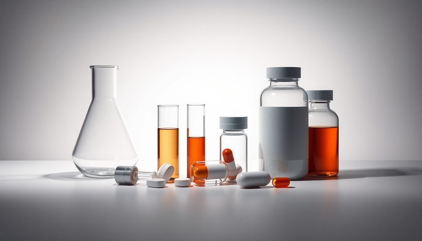 A high-end, photorealistic studio still-life photograph featuring a collection of polished, geometric objects representing the various stages of the drug development process, such as a beaker, a test tube, and a pill bottle, arranged elegantly on a clean, monochromatic background. The objects convey the abstract concepts of corporate strategy, finance, and risk in the pharmaceutical industry through the use of premium materials, sharp lighting, and deep shadows.
