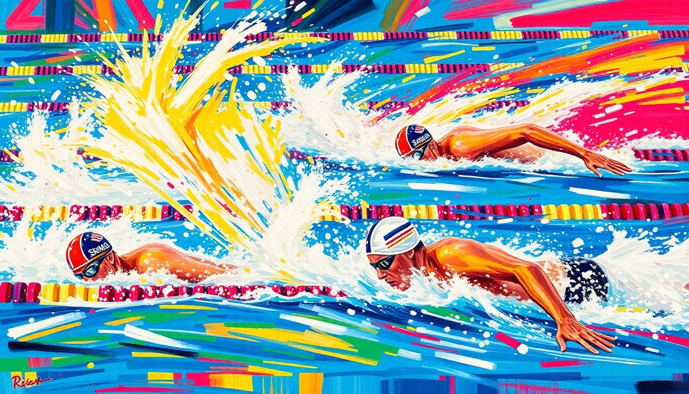 An abstract, energetic painting featuring bold, gestural brushstrokes in vibrant neon colors that evoke the fluid motion and raw power of competitive swimming.