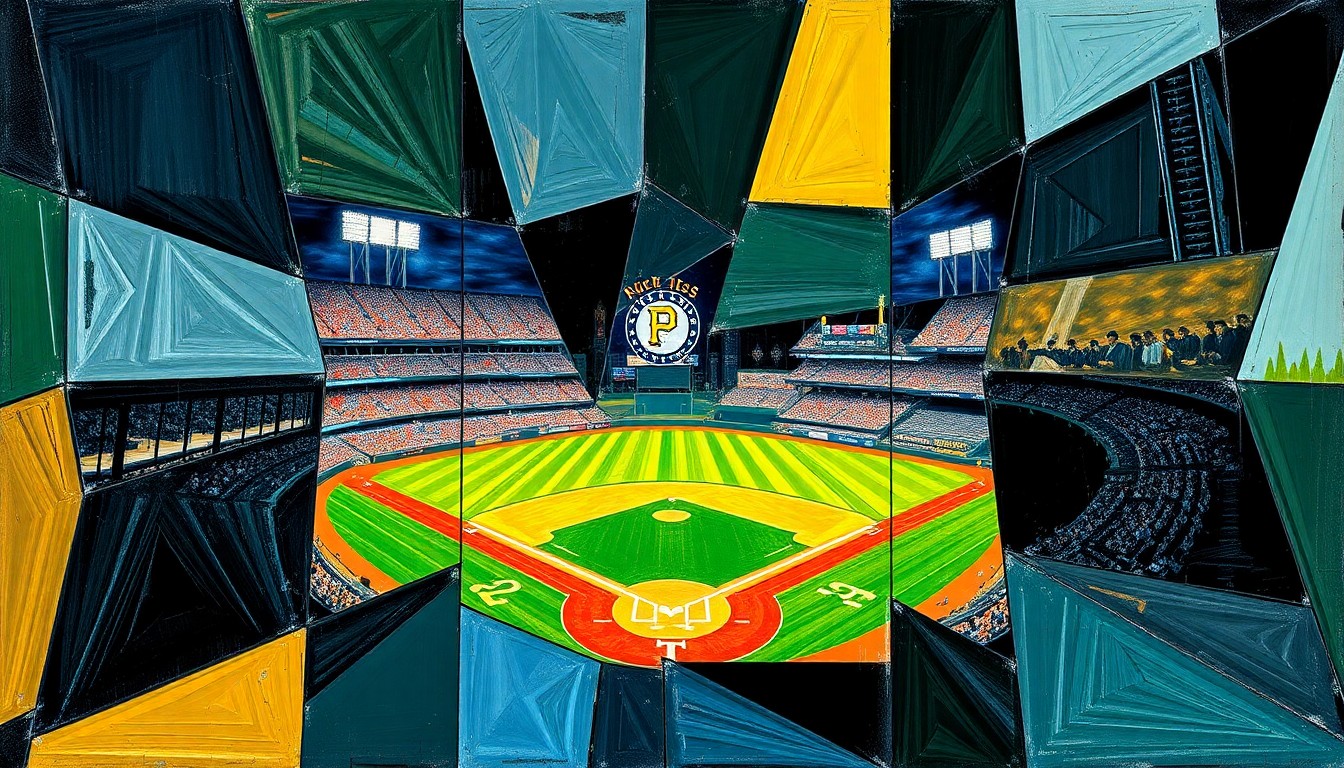 A fragmented, geometric painting depicting a baseball game between two teams, with sharp planes of color and overlapping perspectives conveying the intensity of the competition.