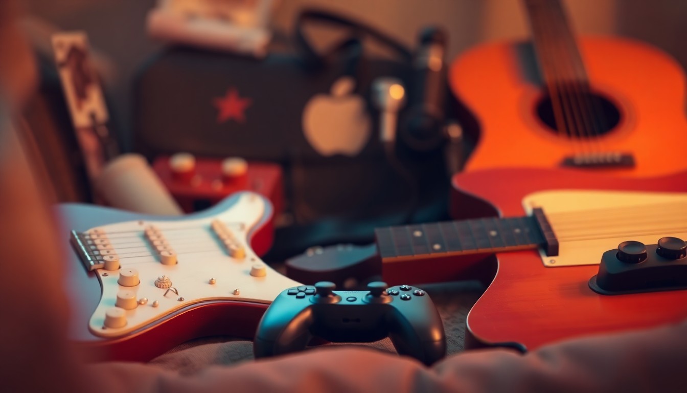 An extremely abstracted, out-of-focus photograph in soft pools of warm color and light, depicting a guitar, a gaming controller, and other personal items that represent the quiet hobbies and interests that brought Noah comfort and joy.