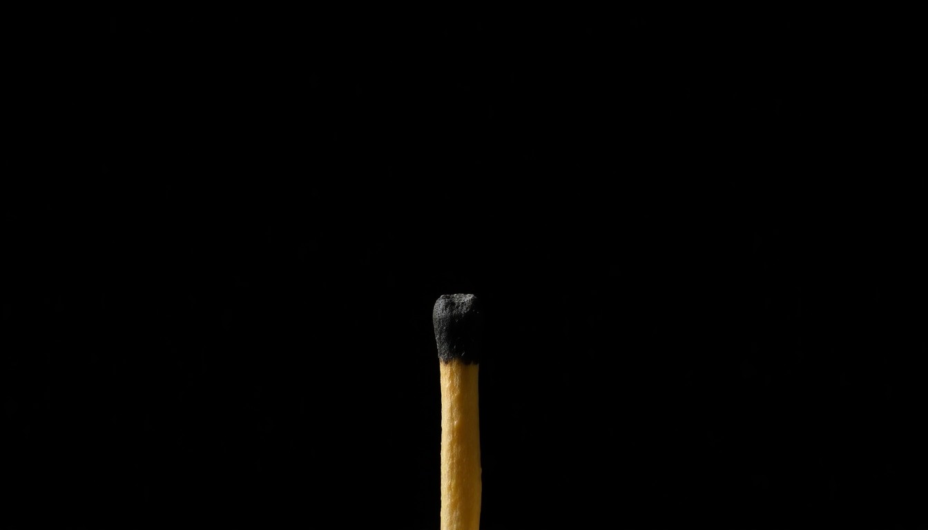An extreme close-up photograph of a charred matchstick against a pitch-black background, conveying the stark, gritty details of a criminal investigation.