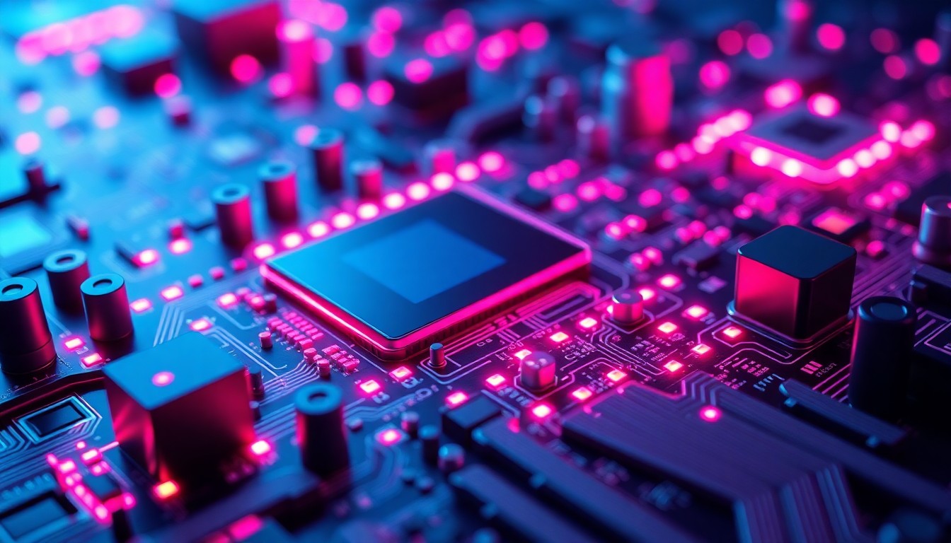 A highly detailed, glowing 3D macro illustration of a complex data processing circuit board with neon cyan and magenta lights illuminating the intricate components, conceptually representing the tangible, high-tech nature of modern data infrastructure powering AI and analytics.