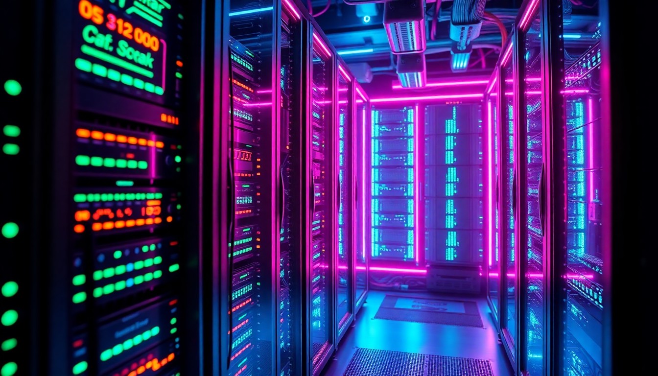 A highly detailed, glowing 3D illustration of a futuristic data center server rack, with neon cyan and magenta lights illuminating the intricate hardware components, conceptually representing the resilience of urban businesses' digital infrastructure in the face of environmental disruptions.