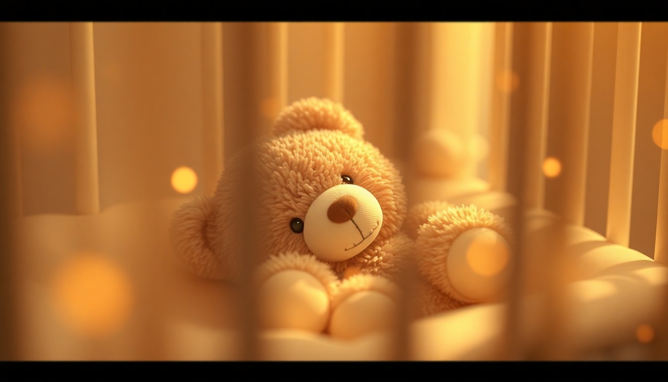 An extremely abstracted, out-of-focus photograph of a soft, plush teddy bear resting in a crib, surrounded by blurred shapes and pools of warm, golden light, conceptually representing the enduring legacy of a presidential-themed children's toy.