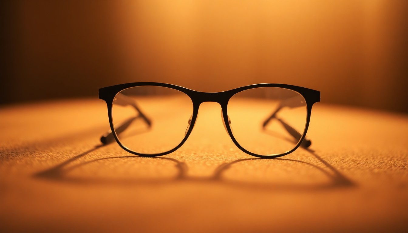 An extremely abstracted, out-of-focus photograph of a pair of eyeglasses resting on a blurred, textured surface, with the image composed entirely of soft pools of warm color and light, conceptually representing the act of observing and solving a crossword puzzle clue.