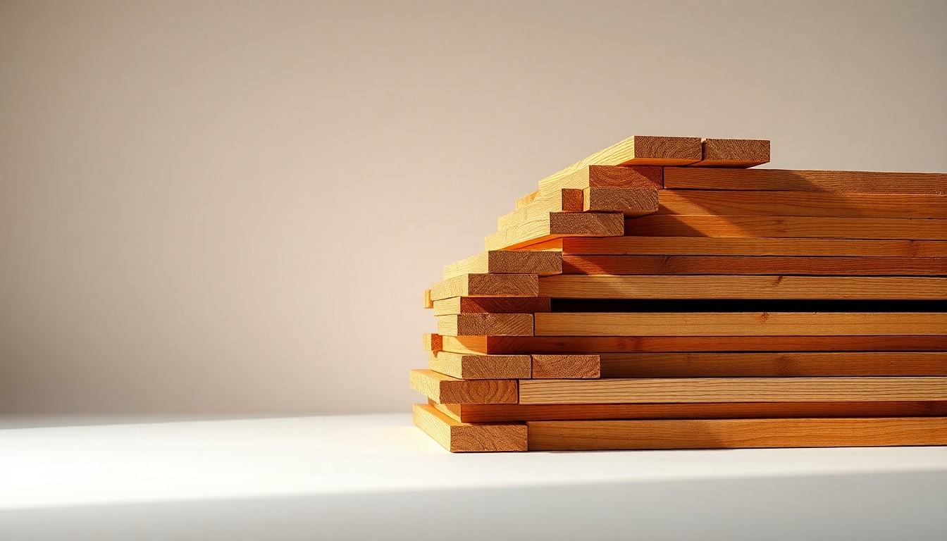 A close-up photograph of a stack of freshly sawn wooden lumber planks, with dramatic studio lighting and deep shadows, conveying the abstract concepts of trade, tariffs, and corporate finance.