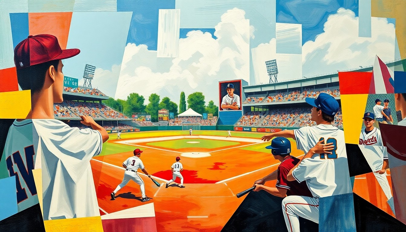 A fractured, multi-perspective painting in the style of Pablo Picasso, breaking a high school baseball game down into sharp, overlapping geometric planes of vibrant and muted colors.
