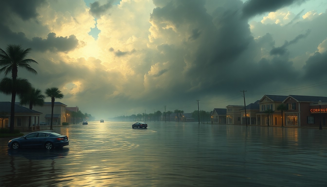 A sweeping, atmospheric landscape painting depicting a flooded downtown street in Punta Gorda, with physical structures and vehicles obscured by the overwhelming scale of the floodwaters and dramatic weather conditions.