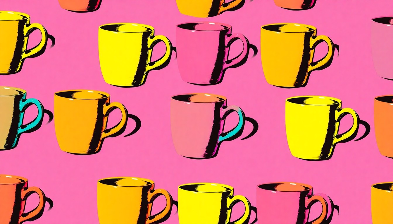 A grid of brightly colored, silkscreen-style ceramic mugs in neon shades of pink, green, and blue, conceptually representing the variety of handmade crafts and wares available at the Genesee Spring Craft Fair.