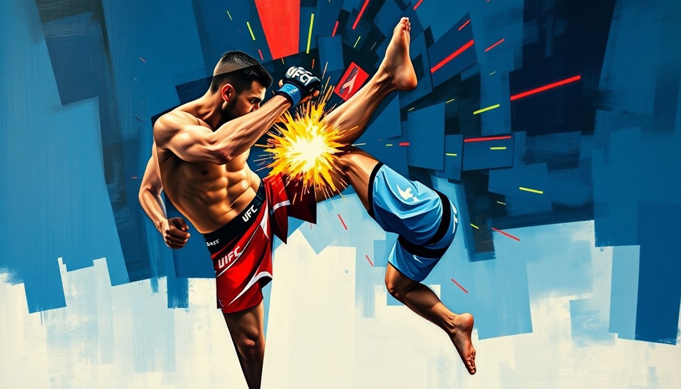 A fragmented, geometric painting depicting the dynamic motion and force of a UFC fighter's knee strike, rendered in a cubist style with sharp, overlapping planes of deep blue, red, and black.