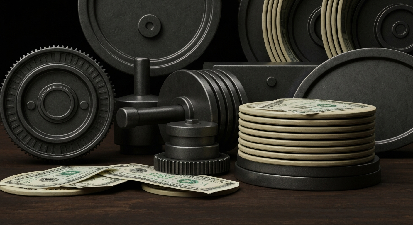 An extreme close-up of intricate, industrial-looking banking machinery and equipment, conveying a sense of the complex, powerful systems that underpin the global financial system.